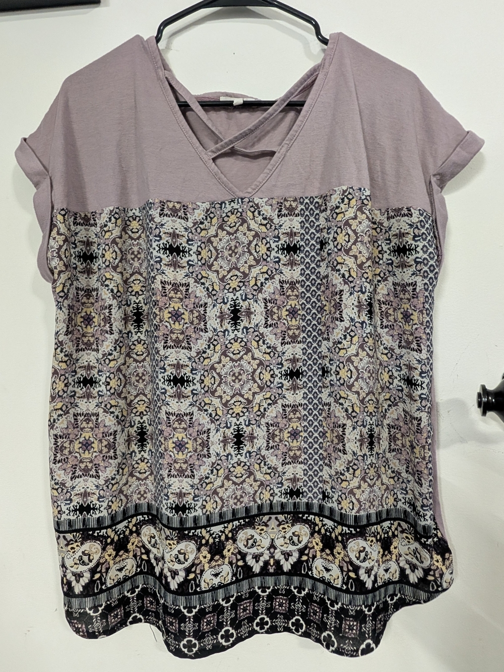 Maurices Lavender Short-Sleeve Crisscross V-Neck Printed Tunic